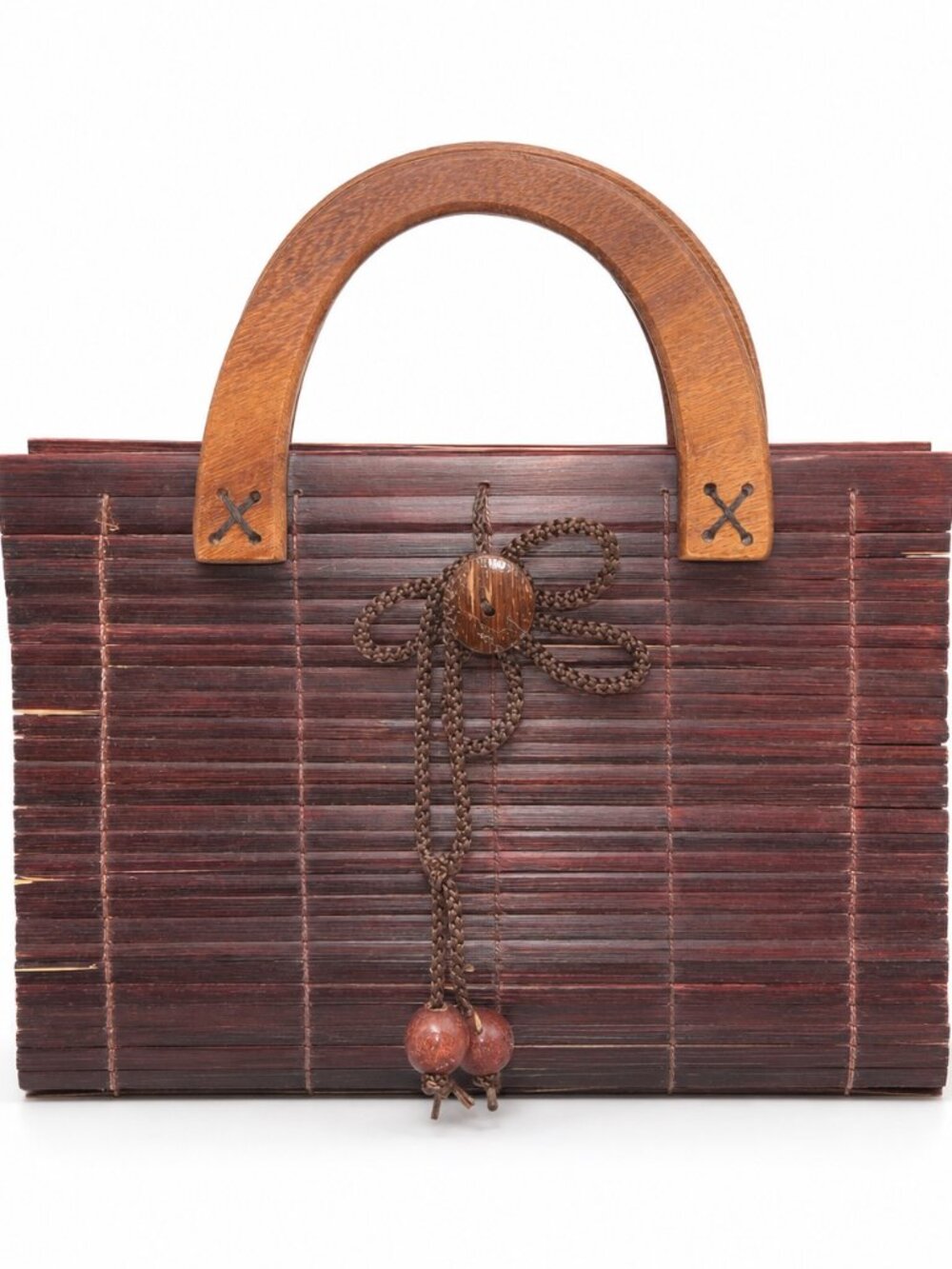 Vintage 1970s Bamboo Slat Box Purse Wood Handles Beaded Boho Bag